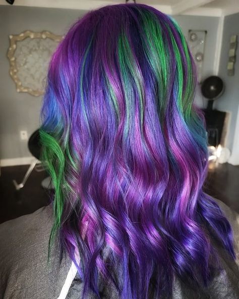 Halloween Haircolor, Pravana Purple, Purple And Green Hair, Blue Brown Hair, Hair Color Placement, Blue And Pink Hair, Blue Green Hair, Purple Blush, Hair Color Unique