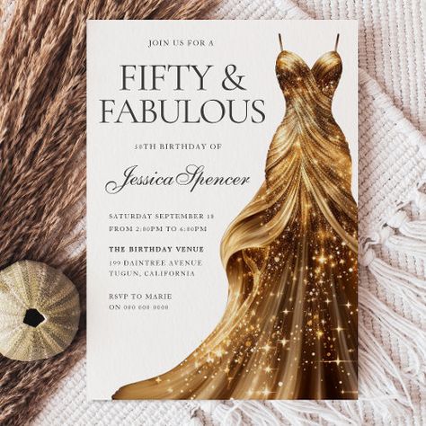 $3.08 | Champagne Gold Dress Fabulous Fifty 50th Birthday - gold, sparkle, dress, golden, gown, downloadable, birthday, fifty and fabulous, 50th birthday, womans 50th birthday party Womans 50th Birthday, Elegant Gold Dress, Champagne Gold Dress, Gold Sparkle Dress, 50th Birthday Themes, Fifty And Fabulous, 50th Birthday Invitation, Champagne Birthday, Moms 50th Birthday