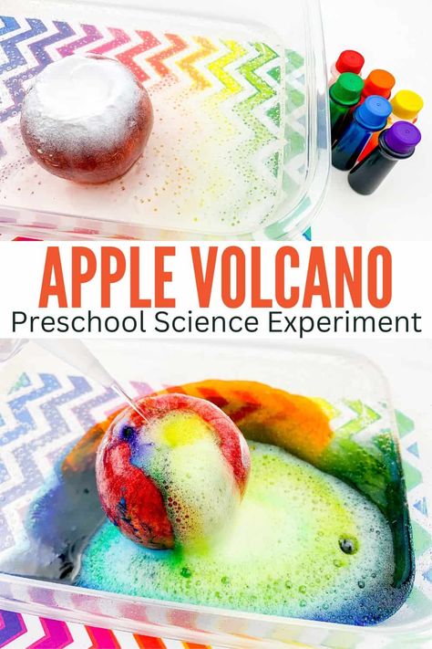 Setting up an apple volcano science experiment for preschoolers is a great way to engage them in an awesome STEM activity this fall! Fall Preschool Science, Experiment For Preschoolers, Fall Science Activities, Apple Science Experiments, Preschool Apple Activities, Fall Stem Activities, Science Experiments Kids Preschool, Stem Activities Preschool, Fall Science