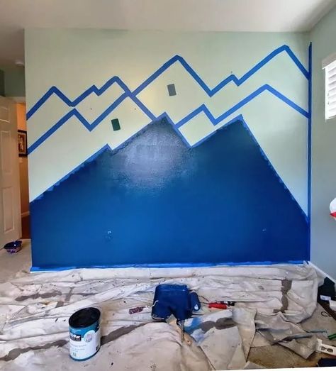 Simple Paint Mural, Decorating Slanted Walls, Dramatic Accent Wall, Painting A Mountain, Painters Tape Wall, Diy Mountain Mural, Mountain Wall Painting, Kids Room Wall Color, Paint A Mountain