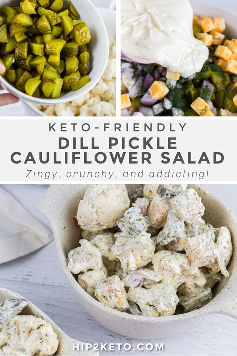 Dill Cauliflower Salad, Keto Side Salads, Dill Pickle Food Recipes, Pickle Recipes Side Dishes, Keto Side Salad, Keto Potluck Recipes, Recipes With Pickles, Dill Pickle Salad Recipe, Keto Summer Salads