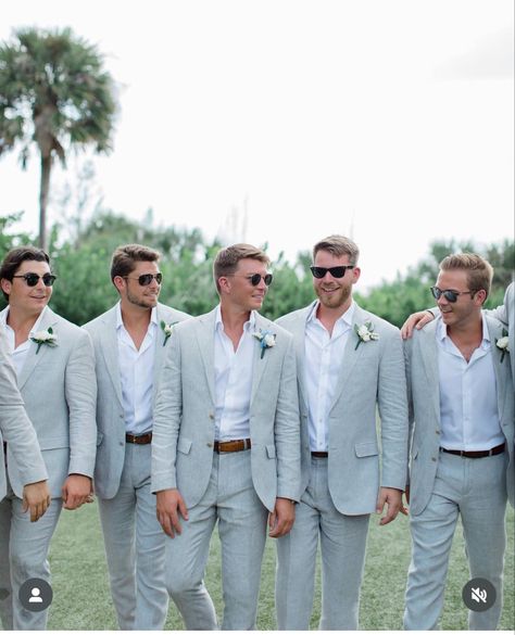 Wedding Male Suit, Beach Wedding Groom Attire Grey, Grey Suit Beach Wedding, Grooms Suit Colors, Men’s Wedding Suit Colors, Coastal Groomsmen Attire, Bridal Party Outfits Groomsmen, Men’s Suits Wedding Summer, Wedding Party Blue Suits