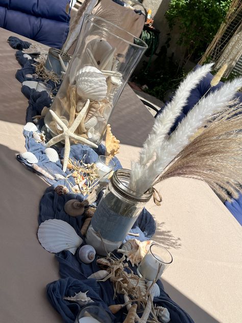 Costal Theme Birthday Party, 50th Beach Birthday Party, Ocean Quinceanera Theme, Ocean Centerpiece Ideas, Coastal Party Theme, Ocean Themed Wedding, Ocean Centerpieces, Beachy Centerpieces, Blue Birthday Themes