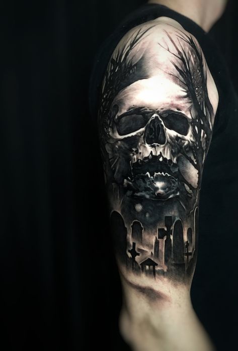 Insta @kosha4_    #skull #skulltattoos #blackandgreytattoo #realistictattoo Skull Full Sleeve Tattoo For Men, Arm Skull Tattoo, Grave Tattoo Design, Graveyard Tattoo Design, Realistic Skull Tattoo Design, Geometric Tattoo Hand, Voll Arm-tattoos, Graveyard Tattoo, Black Dragon Tattoo