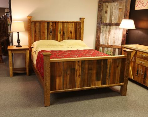 Rustic Beds, Barnwood Bed, Tree Carvings, Rustic Bedroom Furniture, Cabin Furniture, Black Forest Decor, Rustic Headboard, Low Bed, Standard Bed