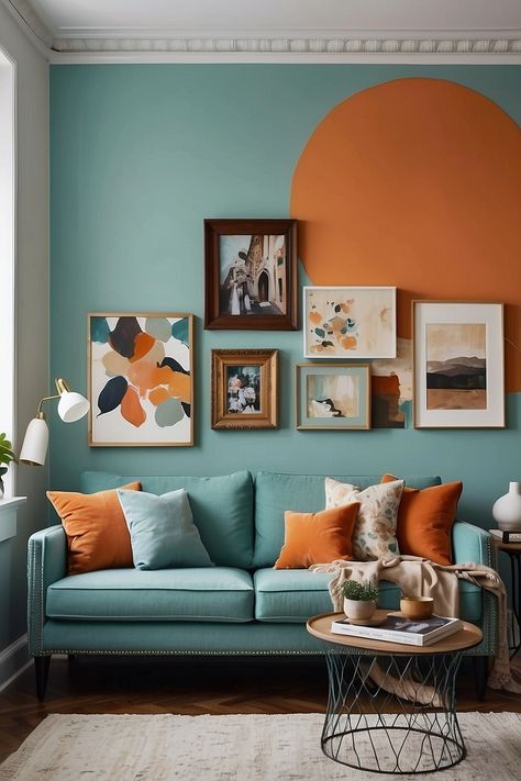 Create a beautiful accent wall with paintings and pict 2 Mcm Accent Wall Living Room, Abstract Wall Painting Ideas, Wall With Paintings, Wall Painting Ideas, Abstract Wall Painting, Accent Walls In Living Room, Accent Walls, Abstract Wall, Living Room Wall