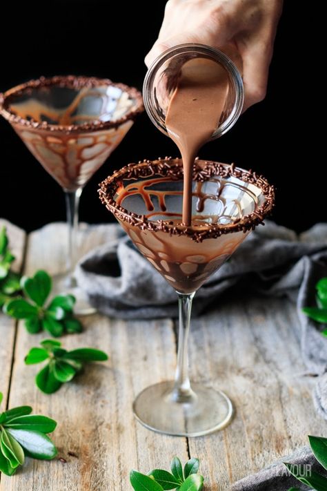 Non Alcoholic Chocolate Mocha Martini: a fun after dinner drink recipe that’s perfect for kids, teens, pregnant ladies, and anyone with a sweet tooth. It's a decadent treat to finish off your holiday meal. This fancy drink is easy to make at home for your next party using dark chocolate, cream, coffee, and vanilla. A unique drink that is always a hit! | www.savortheflavour.com #chocolatemartini #nonalcoholic Alcoholic Chocolate, Mocha Martini, Easy To Digest Foods, Homemade Dark Chocolate, Chocolate Fudge Sauce, Chocolate Martini, After Dinner Drinks, Chocolate Mocha, Chocolate Malt