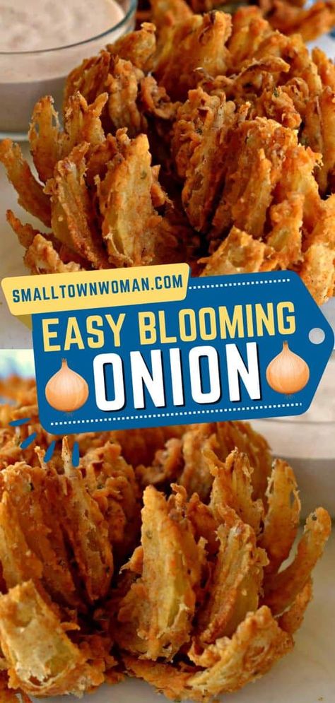 This Blooming Onion is a big game recipe you don't want to miss! Deep-fried to golden, crispy perfection in a slightly spicy breading, this easy game day appetizer is better than any Outback restaurant. Serve this Super Bowl party food idea with dipping sauce! Easy Blooming Onion, Blooming Onions, Fried Onion Rings, Blooming Onion Recipes, Deep Fried Recipes, Bloomin Onion, Homemade Appetizer, Blooming Onion, Onion Recipes