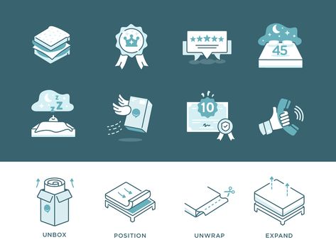 Frankly Mattress Marketing Icons by Zach Roszczewski Bed Showroom, Bed Icon, Science Of Sleep, Magic Pillow, Marketing Icon, Submerged In Water, Ux Inspiration, Box Branding, So Sánh