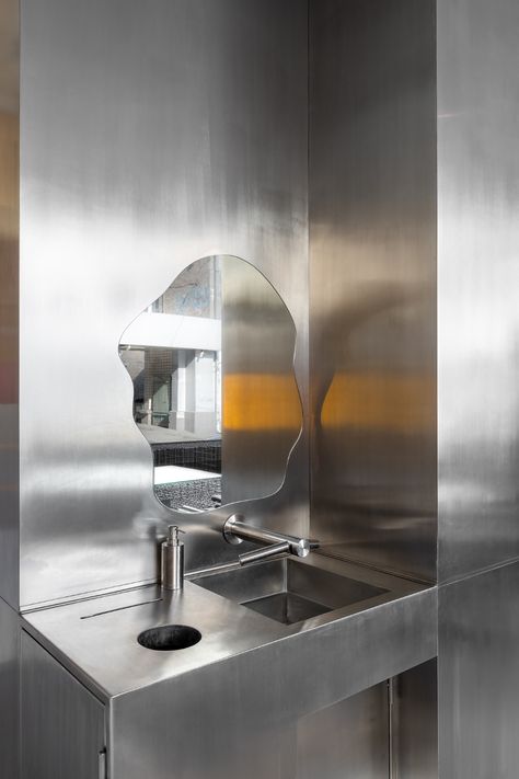 Zieta Studio, Public Bathroom Mirror, Stainless Steel Wash Basin, Minimal Cafe, Futuristic Toilet Design, Residential Apartments, Old Bricks, Sculptural Object, Metal Mesh