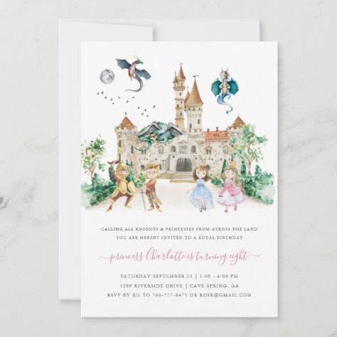 Knight Birthday Party Invitations, Fairy Birthday Themes, Peter Rabbit Illustration, Knight Birthday Party, Dragon Birthday Parties, Knight Party, Princess Birthday Party Decorations, Wedding Shower Themes, Princess Birthday Invitations