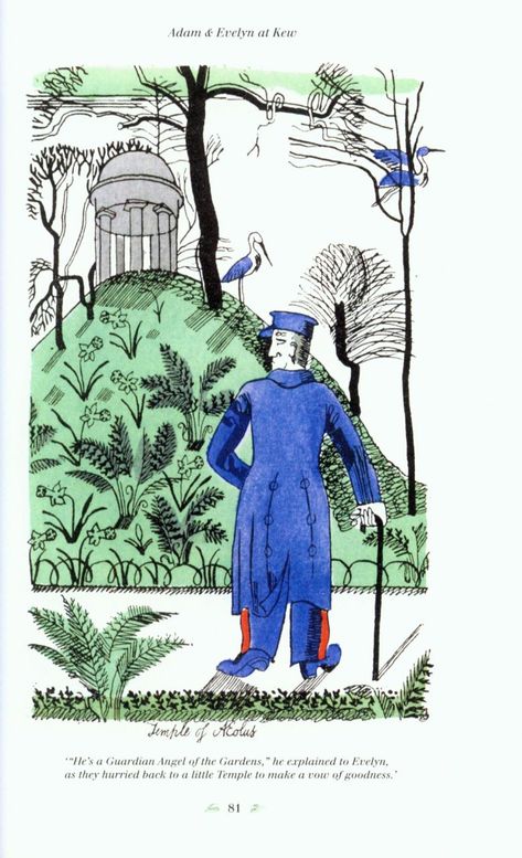 Edward Bawden's 'Adam and Evelyn at Kew (aka 'Revolt in the Gardens')', 1930. Edition of 1,060. Text by Robert Herring. 13 full-page colour printed illustrations, 6 other colour text illustrations and illustrated endpapers all by Edward Bawden Stencil Illustration, Edward Bawden, Colour Illustration, English Artists, Kew Gardens, Adam And Eve, British Art, Woven Paper, Childrens Art