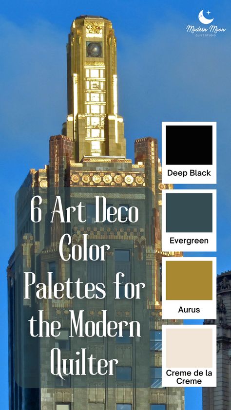 Using the 1920s and 1930s for inspiration, I put together some Art Deco color palettes using both Art Gallery Fabrics Pure Solids and Kona Cotton Solids. With the exception of the first fabric pull, each palette features four solids. I also included a mock-up using the Carbide quilt pattern. this Art Deco color palette consists of black, emerald, gold and ivory. I feel like these are iconic 1920s colors. You have the high contrast between the cream and the black fabrics, which is gorgeous next t 1920s Color Palette Art Deco, Great Gatsby Color Palette, Gatsby Color Palette, Art Deco Color Palette Colour Schemes, 1920s Color Palette, Art Deco Paint Colors, Art Deco Colour Palette, 1920s Art Deco Pattern, Art Deco Color Scheme