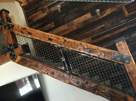 Rustic industrial handrail made by SharpCo Welding & fabrication Rustic Handrail, Industrial Handrail, Farmhouse Stairs, Rustic Staircase, Rustic Farmhouse Bedroom, Modern Rustic Furniture, Rustic Stairs, Farmhouse Cabinets, Rustic Headboard