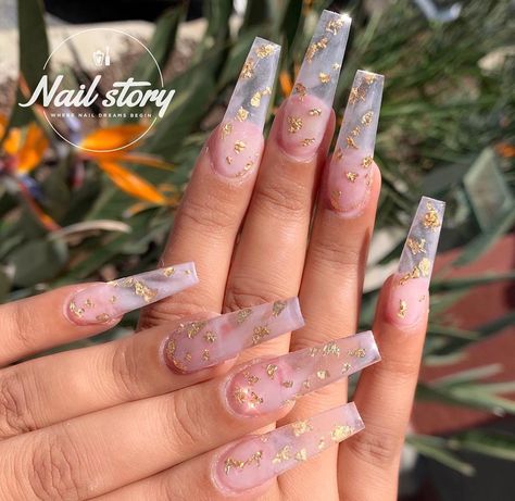 Nails With Gold Foil Flakes, Pink Nails With Gold Foil, Marble Gold Nails, Clear Coffin Nails, Nails Encapsulated, Nail Story, Ombre Acrylic, Encapsulated Nails, Geometric Nail Art