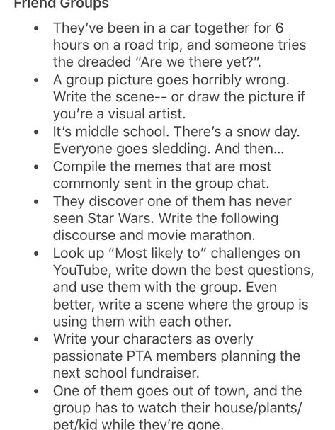 Writing Prompts to Get to Know Your Characters Better Writing Prompts Curses, Get To Know Your Character Writing Prompts, Ot4 Prompts, Parental Figure Writing Prompts, Group Writing Prompts, Writing Prompts Family, Friend Group Writing Prompts, Friend Group Prompts, Bickering Prompts