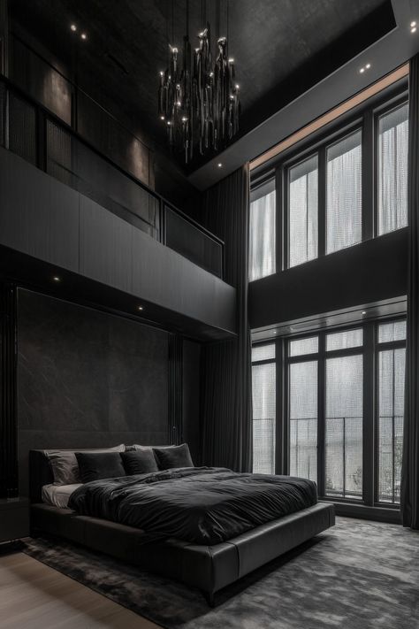 Turn your bedroom into a relaxing retreat with simple black design elements. Bedroom In Mansion, Modern Bedroom With Bathroom, Villains Lair, Black Mansion, Black Bedrooms, Dark Homes, Bedroom With Bathroom, Dream Bedrooms, Bedroom Vibes