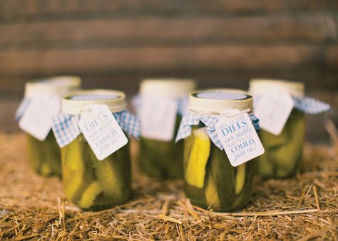 Guests were given favors of homemade pickles in mason jars that read, "Well, it just dills our pickle that ya'll could join us!" Seriously cute. @Alix Loosle Book Centerpieces, Outdoor Wedding Inspiration, Homemade Pickles, Rustic Wedding Signs, Edible Gifts, Flower Centerpieces Wedding, Floral Arrangements Wedding, County Fair, Southern Weddings