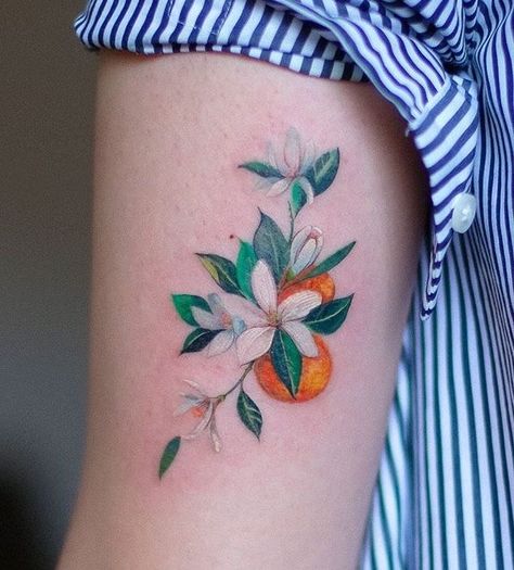 Orange Blossom Tattoo, Clementine Flower, Florida Tattoo, Florida Tattoos, Fruit Tattoo, Theme Tattoo, Sweet Tattoos, Blossom Tattoo, Dream Tattoos