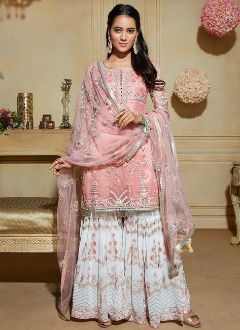 Coral Pink and Off White Gharara Suit– Lashkaraa Peach And Red Combination Suit, Sharara Designs For Wedding, White Pakistani Dress, Wedding Gharara, White Gharara, Pink Gharara, Gharara Dress, Designer Gharara, Gharara Designs