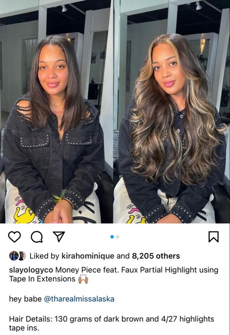 Honey Brown Hair Extensions, Highlights With Extensions Dark Brown, Blond Highlight Sew In, Highlight Extensions On Black Hair, Highlights Tape Ins, Full Head Highlights Black Hair, Blonde Streaks In Dark Hair Black Women, Balayage Hair For Black Women, Sewin Blonde Highlights