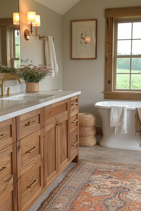 Bathroom With Oak Vanity, Country Modern Bathroom, Bathroom With Wood Cabinets, Country Basement, Modern Craftsman Bathroom, Mid Century Modern Bathroom Ideas, Modern Vintage Bathroom, Mid Century Farmhouse, Investment House