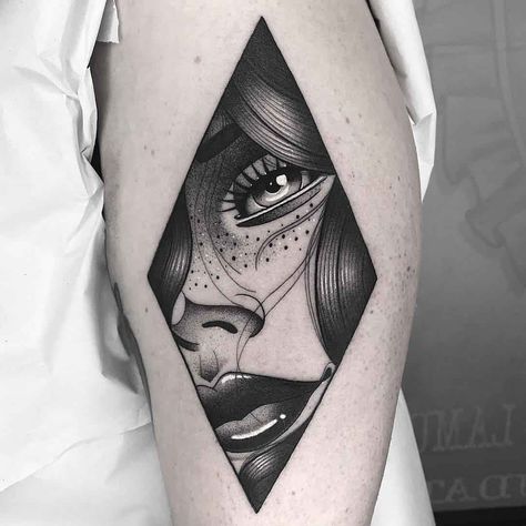 Girl Portrait Tattoo, Tattoo Bicep, Diamond Tattoo, Girl Face Tattoo, B Tattoo, Girl Portrait, Design Tattoo, Skull Tattoos, Dope Tattoos