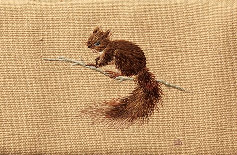 Embroidered Squirrel, Squirrel Embroidery, Japan Traditional, Miniature Embroidery, Traditional Embroidery, Hand Embroidery Patterns Flowers, Needlework Embroidery, Thread Painting, Japanese Embroidery