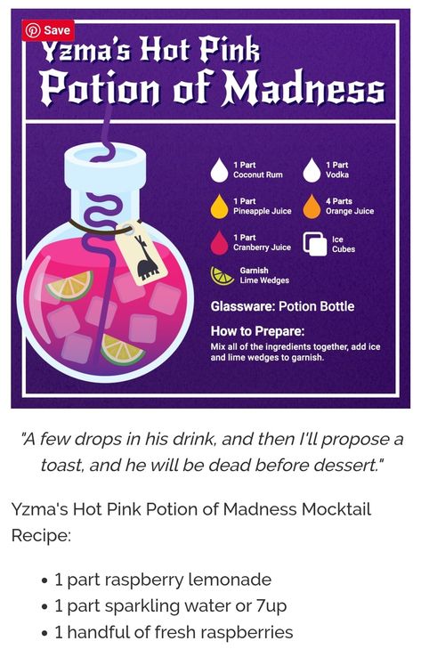 Disney Themed Drinks Non Alcoholic, Kuzcos Poison Drink, Disney Themed Drinks, Disney Alcoholic Drinks, Mixed Drinks Alcohol Recipes, Girls Night Drinks, Disney Cocktails, Disney Movie Night Food, Disney Themed Food