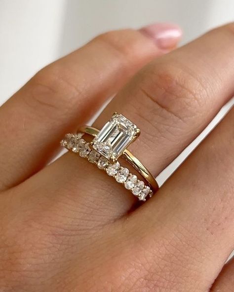 Diamond Wedding Bands With Emerald Cut Engagement Ring, Emerald Engagement Ring Stacked Bands, Square Emerald Engagement Ring, Emerald Diamond Ring Stack, Emerald Engagement Ring With Band Wedding Set, Oval Engagement Ring With Emerald Wedding Band, Ring Stack Emerald Cut, The Moissanite Company, Bezel Emerald Engagement Ring Stack