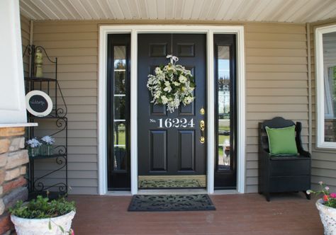 I would like to replace my stupid glass blocks with something like this Best Front Door Colors, Tan House, Black Front Door, Best Front Doors, Green Front Doors, Front Door Makeover, Black Shutters, Door Colors, Black Front Doors