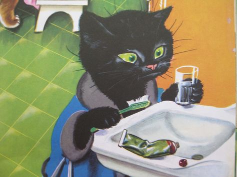 May 10 Vintage Book Caroline's Party 278 | Flickr - Photo Sharing! A Black Cat, Vintage Cat, Brushing, A Black, Brushing Teeth, Black Cat, Black