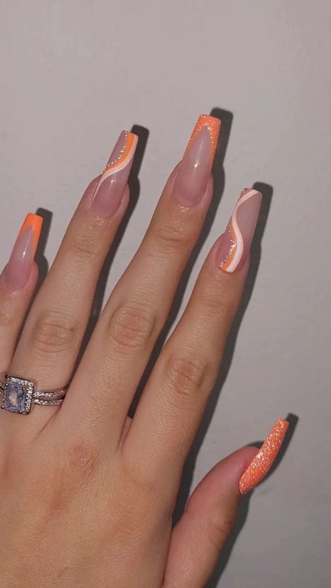 Natural Nails With Orange Design, Orange N White Nails, Mail Inspo Orange, Orange Sparkle French Tip Nails, Orange French Acrylic Nails, Short Orange Nails With Rhinestones, Summer Nail Orange, Orange And White Prom Nails, Orange Prom Dress Makeup