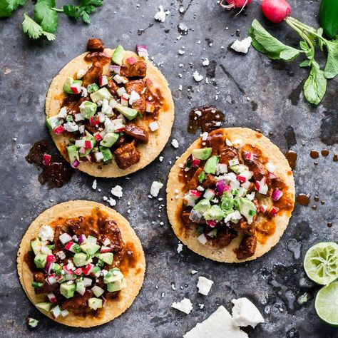 Pork tenderloin simmered with Frontera Red Chile Mole Sauce and topped with radish-avocado salsa and cotija cheese Southwest Dip Recipe, Pork Mole, Queso Cheese Dip Recipe, Mole Tacos, Dessert Nachos Recipe, Plant Based Pizza, Easy Spring Recipes, Ready Set Eat, Milk Street