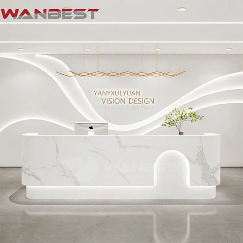 Modern Reception Desk Design Waiting Area, Reception Waiting Area Interior Design, Reception Back Wall, Office Reception Design Waiting Rooms, Creative Reception Desk Design, White Reception Table, Marble Reception Desk, Modern Reception Counter, Luxury Reception Desks