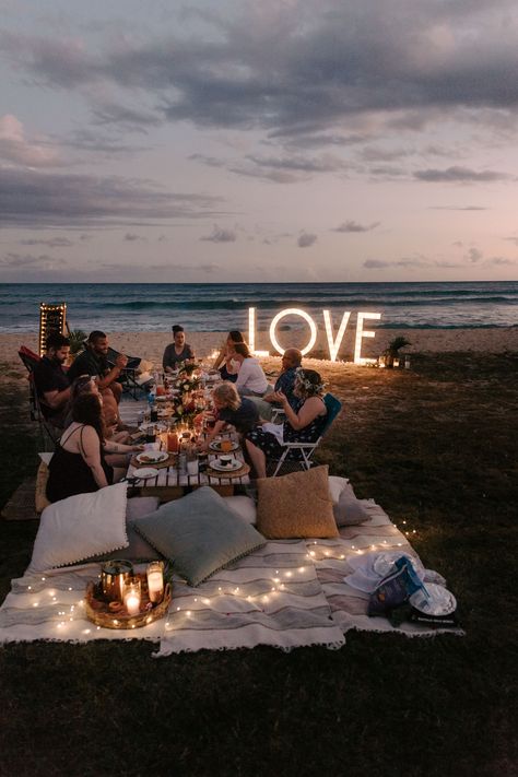 Love wedding sign at night picnic - Aloha Picnics Puuloa Beach Park Hawaii Vow Renewal By Oahu Wedding Photographer Desiree Leilani Intimate Beach Vow Renewal, Boho Beach Vow Renewal, Hawaii Wedding Renewal, Anniversary Beach Ideas, Beach Bow Renewal, Beach Vow Renewal Ideas 10 Year, Beach Renewal Of Vows, Wedding Beach Bonfire, Beach Wedding Vow Renewal