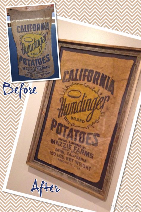 Burlap potato sack turned art by framing Framed Burlap Sack, Potato Sack Decor, Coffee Bag Crafts, Burlap Coffee Bags, Potato Sack, Framed Burlap, Repurposed Decor, Vintage Burlap, Indoor Crafts