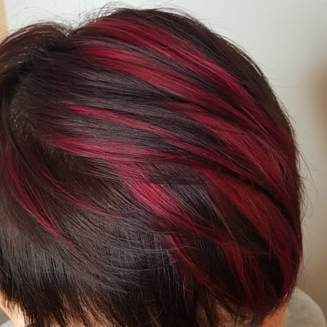 Red And Black Short Hair Ideas, Black And Red Hair Ideas Short, Black Hair Red Tips Short, Black Hair With Red Streaks Short, Black And Red Dyed Hair Short, Black And Red Hair Short, Halo Hair Colors, Red Hair Streaks, Brown Hair Trends