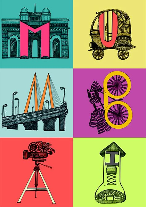 Colours of Mumbai inspired by Architect, Automobiles, Food, Clothing, Entertainment, media etc Mumbai City Doodle Art, Mumbai Graphic Design, Mumbai Doodle Art, Bombay Illustration, Mumbai Illustration, Mumbai Art, Aamchi Mumbai, Mumbai Meri Jaan, Indian Illustration