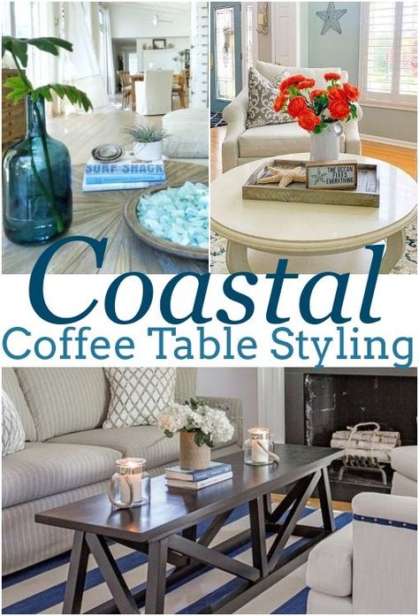 After all, your coffee table is center stage. So here is a post with coastal coffee table styling and decorating ideas to inspire your own composition. Styling a coffee table is simple. The essence is to have a balanced intentional display that you enjoy! So head on over to Completely Coastal and view all these coffee table styling ideas... with source links and shopping links! Coastal Coffee Bar, Coastal Coffee Table Decor, Nautical Coffee Table, Styling A Coffee Table, Coffee Table Styling Ideas, Table Styling Ideas, Coastal Coffee Table, Coffee Display, Center Table Decor