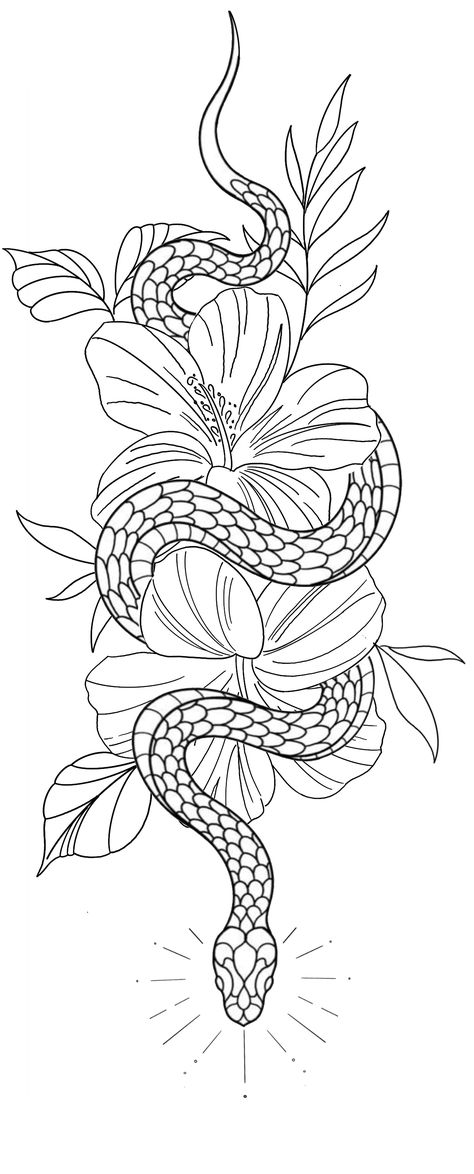 Hibiscus Snake Tattoo, Snake And Hibiscus Tattoo, Leg Tattoo Stencils For Women, Snake Tattoo Design For Women, Snake Tattoo Stencil, Snake And Flowers Tattoo, Small Dope Tattoos, Sternum Tattoos, Half Sleeve Tattoo Stencils