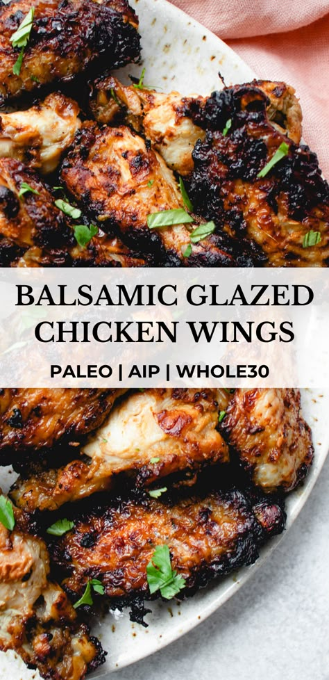 These AIP Balsamic Glazed Chicken Wings are so quick and easy and bursting with flavor. They’re AIP, paleo and Whole30 compliant. #healmedelicious #aip #aiprecipes #paleo #paleorecipes #whole30 #whole30recipes #autoimmunedisease #aipdiet #autoimmunepaleo #aipprotocol #dinnerideas #easydinnerrecipes #chickenrecipes #chickenwings #grilledchicken Paleo Chicken Wings, Aip Diet Recipes, Glazed Chicken Wings, Balsamic Glazed Chicken, Aip Paleo Recipes, Paleo Main Dishes, Chicken Leg Recipes, Paleo Chicken Recipes, Drumstick Recipes