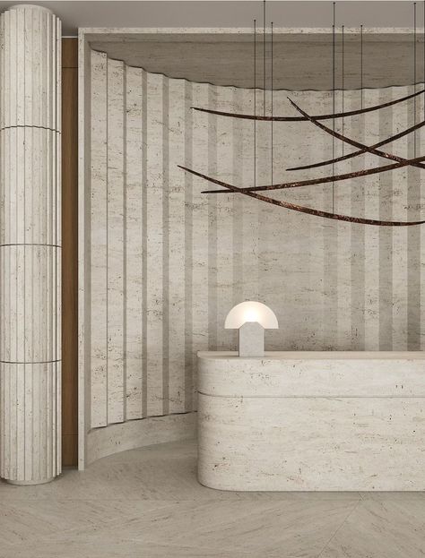 Travertine Wall Design, Small Spa Design, Spa Entryway Ideas, Stone Front Desk, Spa Reception Desk, Accent Walls Ideas, Stone Reception, Lobby Desk, Stone Reception Desk