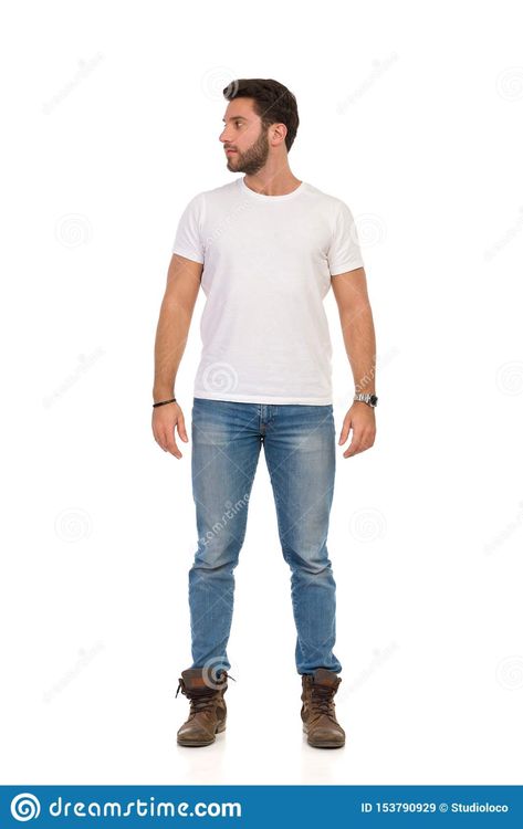 Photo about Serious man in jeans and white t-shirt is standing and looking away. Front view. Full length studio shot isolated on white. Image of shirt, confidence, standing - 153790929 Serious Man, Person Walking, Man Standing, Front View, White T Shirt, White T, White Tshirt, White Undershirt, White Jeans