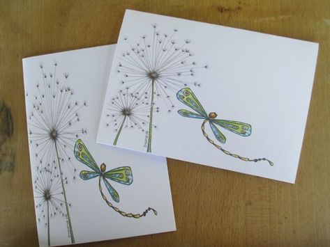 Set of Two Hand Made Dragonfly Dandelion Blank Cards | Etsy Insect Cards, Dandelion Cards, Dragonfly Birthday, Dragonfly Cards, Dragonfly Drawing, Dragonfly Art, Blank Notes, Cards For Friends, Watercolor Cards