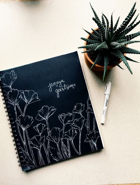 Flower sketchbook cover Book Cover Designs Diy, Ideas For Sketch Book Covers, Flower Sketchbook Cover, Art Ideas On Black Paper, Aesthetic Journal Cover Exterior, Black Sketch Book Cover Ideas, Black Diary Cover Ideas, Diy Aesthetic Book Cover, Diy Sketchbook Cover Design