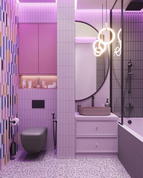 Small Purple Bathroom Ideas, Postmodern Bathroom, Shiplap Bathrooms, Bathroom Tiling Ideas, Bathroom Tile Patterns, Bathroom Shelves Ideas, Bathroom Colour Schemes, Bathrooms Makeover, Tile Patterns Bathroom