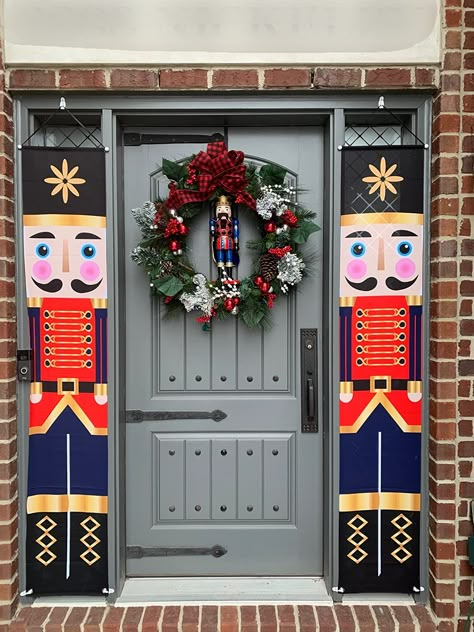 Christmas Decor Ideas With Nutcrackers, Nutcracker Shutters Diy, Nutcracker Door Decorating Ideas, Nut Cracker Door Decoration, Wooden Nutcracker Door Hanger, Nutcracker Door Banners, Nutcracker Tgemed Christmas Front Door, Diy Christmas Door Decorations, Urban Home Decor