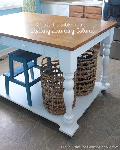 How To Turn a Table Into a Rolling Island Laundry Island, Rolling Island, Laundry Table, California Kitchen, Craft Room Tables, Kitchen Island Dining Table, Kitchen Island On Wheels, Island Cart, Kitchen Island Cart