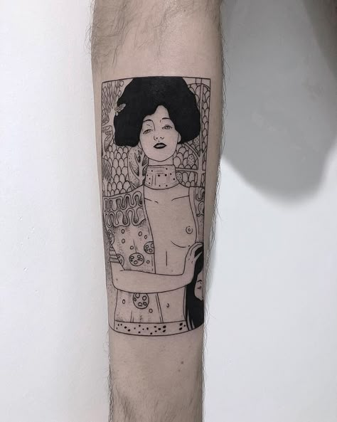 Judith version for Edu. #linework #dotwork #klimt Gustav Klimt Tattoo, Klimt Tattoo, Tattoo Stockholm, Art Inspired Tattoos, Nouveau Tattoo, Kunst Tattoos, Handpoke Tattoo, Blue Tattoo, Tattoo Graphic